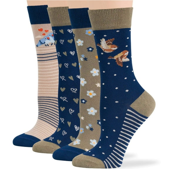 7BIGSTARS KINGDOM Women Bamboo Fashion Socks - 4 Pack Large - Heart, Love Birds, Stripe, Camomile - Casual Crew Seamless - Navy Blue, Khaki, Beige - Sock Size: 10-12; Shoe Size: 8-12 L
