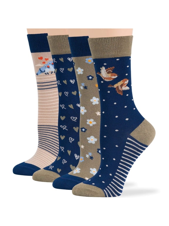 Women Bamboo Fashion Socks - 4 Pack Large - Heart, Love Birds, Stripe, Camomile - Casual Crew Seamless - Navy Blue, Khaki, Beige - Sock Size: 10-12; Shoe Size: 8-12 L