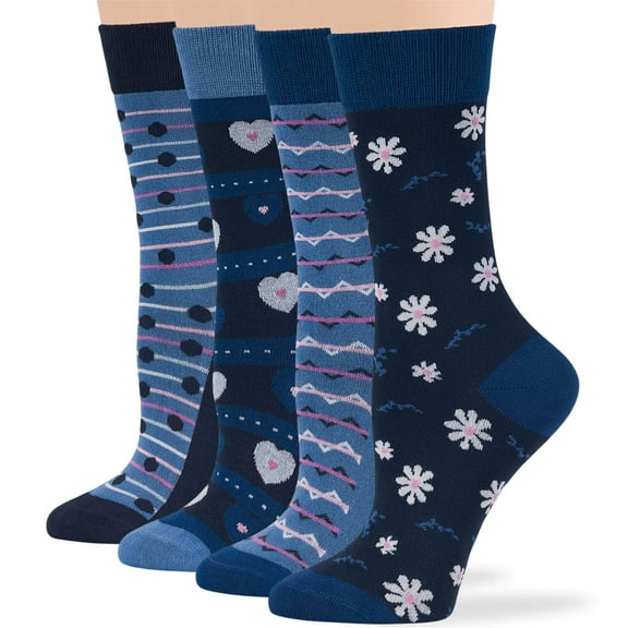 7BIGSTARS KINGDOM Women Bamboo Novelty Crew Socks - 4 Pack Large - Heart, Dot, Stripe, Camomile, Flower - Casual Seamless - Dark Navy, Estate Blue, Denim Blue - Sock Size: 10-12; Shoe Size: 8-12 L