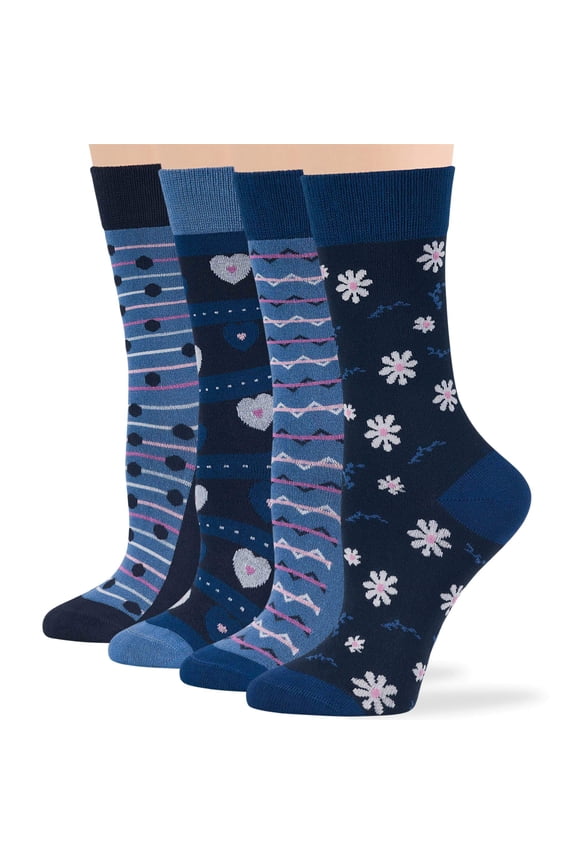 Women Bamboo Novelty Crew Socks - 4 Pack Large - Heart, Dot, Stripe, Camomile, Flower - Casual Seamless - Dark Navy, Estate Blue, Denim Blue - Sock Size: 10-12; Shoe Size: 8-12 L