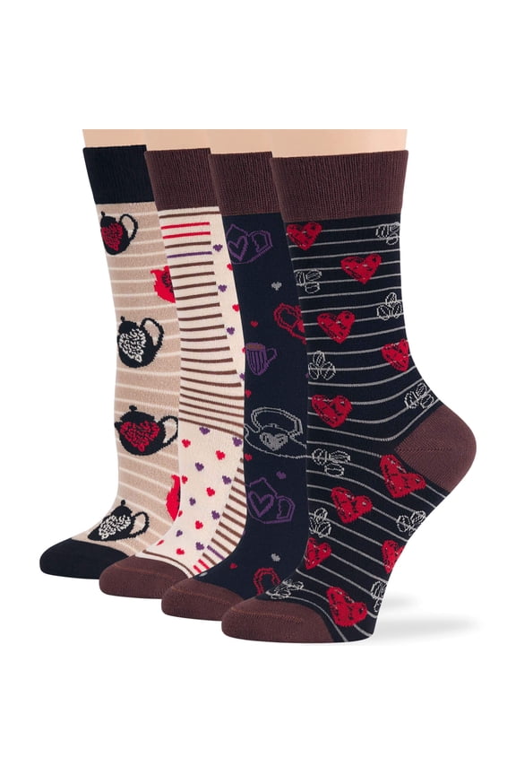 Women Bamboo Novelty Socks - 4 Pack Large - Coffee Beans, Heart, Tea Pot, Coffee Lovers, Tea Time Crew Seamless - Black, Brown, Beige, Ecru - Sock Size: 10-12; Shoe Size: 8-12 L