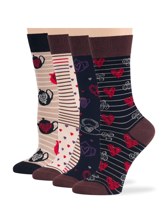 Women Bamboo Novelty Socks - 4 Pack Large - Coffee Beans, Heart, Tea Pot, Coffee Lovers, Tea Time Crew Seamless - Black, Brown, Beige, Ecru - Sock Size: 10-12; Shoe Size: 8-12 L