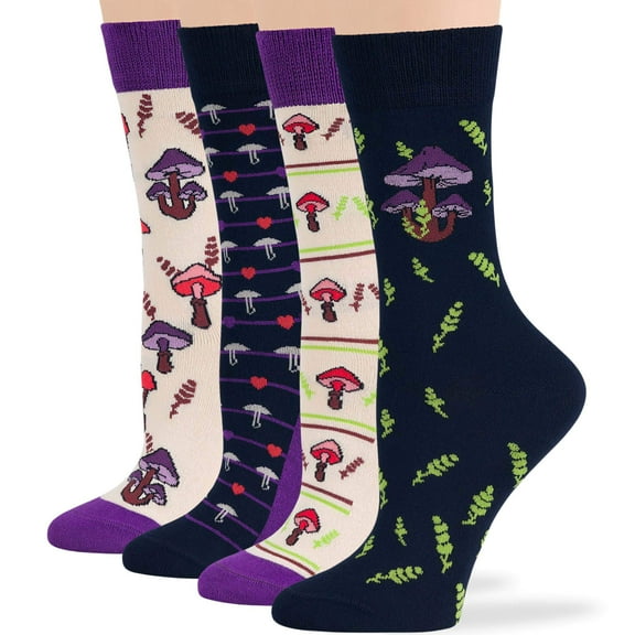 7BIGSTARS KINGDOM Women Bamboo Novelty Socks - 4 Pack Large - Mushroom, Heart - Casual Crew Seamless - Navy Blue, Light Beige, Purple - Sock Size: 10-12; Shoe Size: 8-12 L
