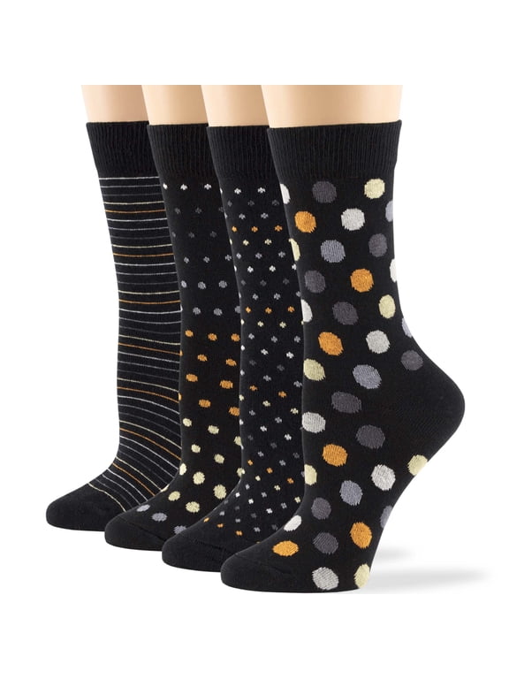 Women Cotton Calf Socks - 4 Pack Large - Striped-Dotted -Polka Dot - Casual-Dress-Sock Size:10-12, Shoe Size: 8-12, Black