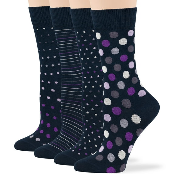 7BIGSTARS KINGDOM Women Cotton Calf Socks - 4 Pack Large - Striped-Mid Dotted -Polka Dot - Casual-Dress-Sock Size:10-12, Shoe Size: 8-12, Dark Navy