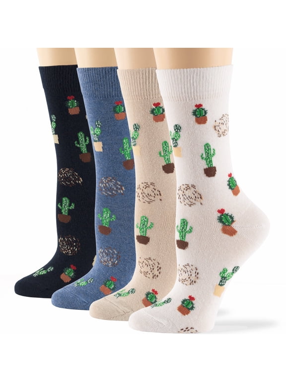 Women Cotton Crew Fun Socks - 4 Pack Medium - Cactus Desert Gifts Long -Sock Size: 9 -11, Shoe Size: 5-9, 1 pair White,1 pair Light Beige, 1 pair Denim Blue, 1 pair Dark Navy