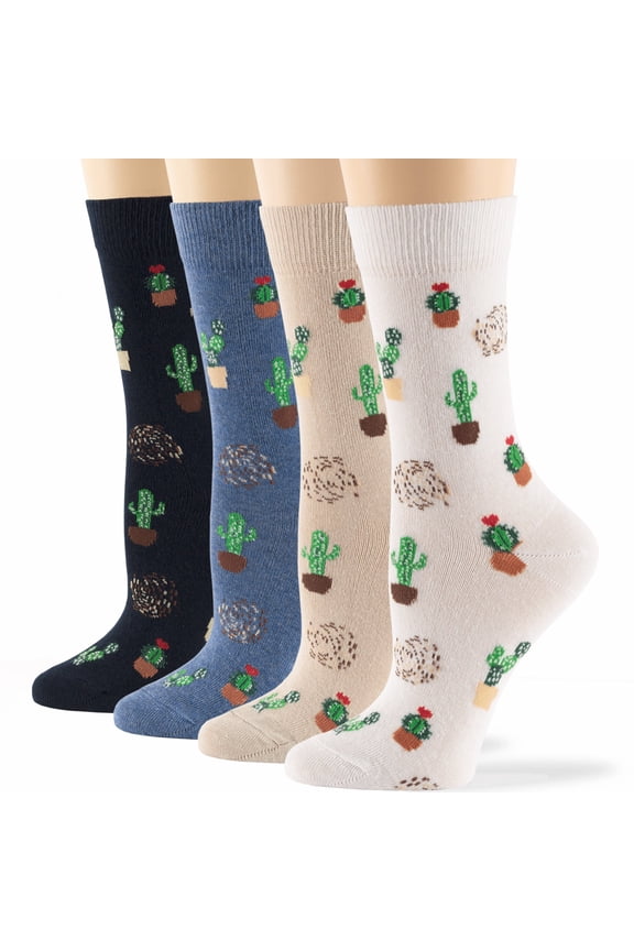 Women Cotton Crew Fun Socks - 4 Pack Medium - Cactus Desert Gifts Long -Sock Size: 9 -11, Shoe Size: 5-9, 1 pair White,1 pair Light Beige, 1 pair Denim Blue, 1 pair Dark Navy