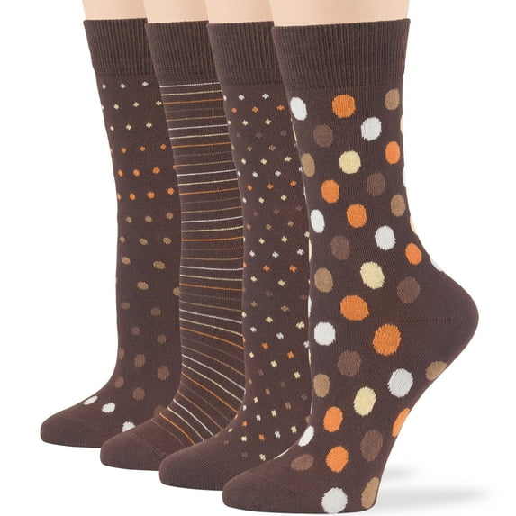 7BIGSTARS KINGDOM Women Cotton Crew Socks - 4 Pack Large - Patterned-Striped-Mid Dotted -Polka Dot - Casual-Dress-Sock Size:10-12, Shoe Size: 8-12, Brown