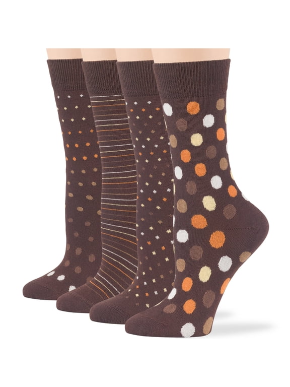 Women Cotton Crew Socks - 4 Pack Large - Patterned-Striped-Mid Dotted -Polka Dot - Casual-Dress-Sock Size:10-12, Shoe Size: 8-12, Brown