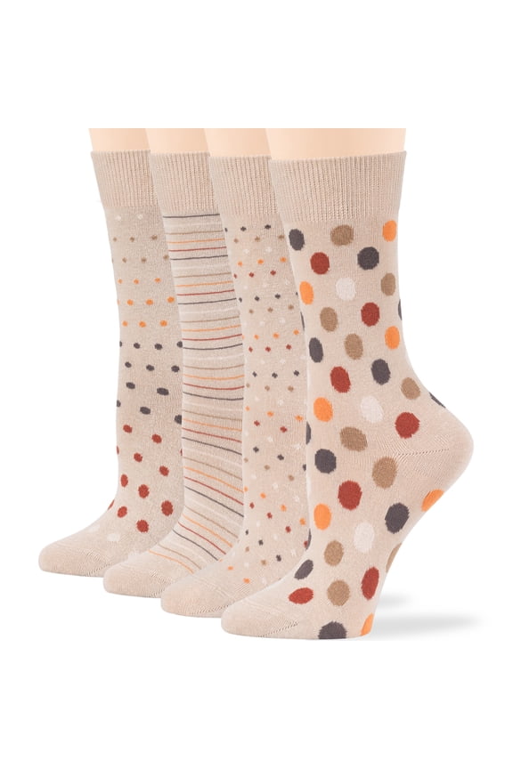 Women Cotton Crew Socks - 4 Pack Large - Striped-Mid Dotted -Polka Dot - Casual-Dress-Sock Size:10-12, Shoe Size: 8-12, Light Beige