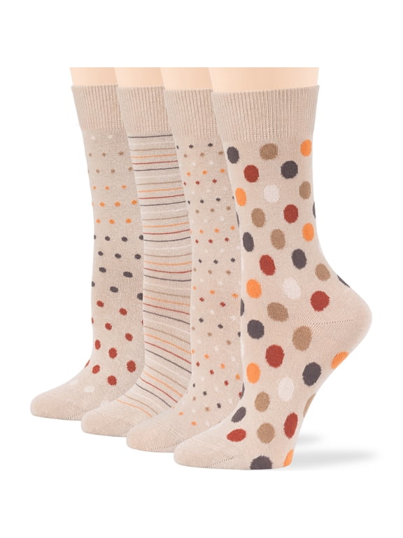Women Cotton Crew Socks - 4 Pack Large - Striped-Mid Dotted -Polka Dot - Casual-Dress-Sock Size:10-12, Shoe Size: 8-12, Light Beige