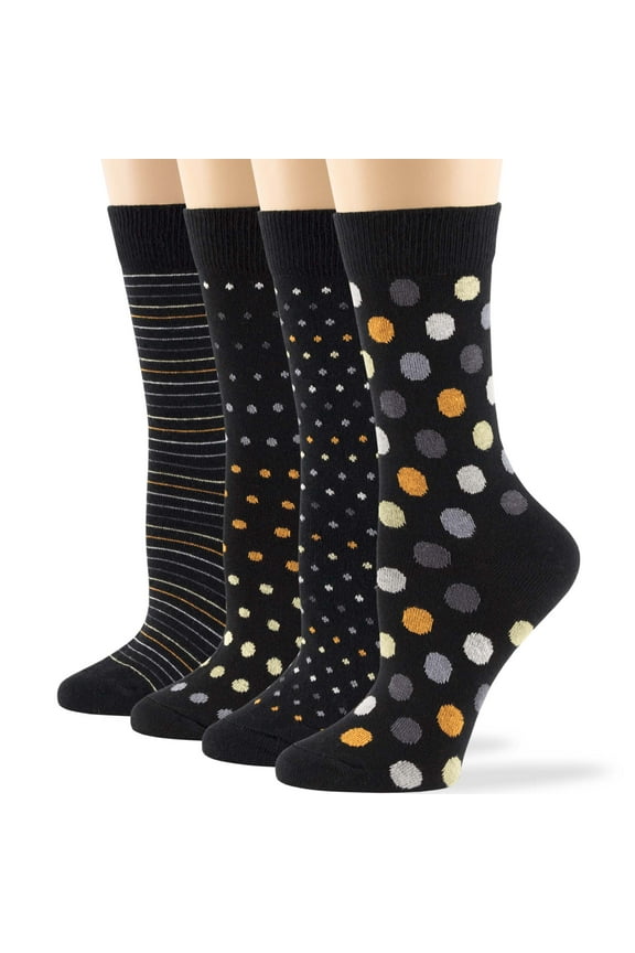Women Cotton Crew Socks - 4 Pack Medium - Striped-Dotted -Polka Dot - Casual-Dress-Sock Size: 9-11, Shoe Size:5-9, Black