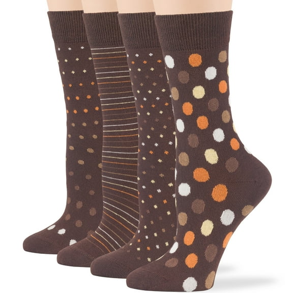 7BIGSTARS KINGDOM Women Cotton Crew Socks - 4 Pack Medium - Striped-Dotted -Polka Dot - Casual-Dress-Sock Size: 9-11, Shoe Size: 5-9, Brown