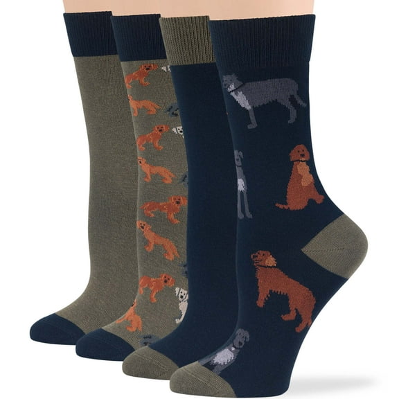 7BIGSTARS KINGDOM Women Cotton Fun Socks - 4 Pack Medium - Dog Crew Gifts Long - Seamless Sock Size: 9-11, Shoe Size: 5-9, Olive Green, Dark Navy