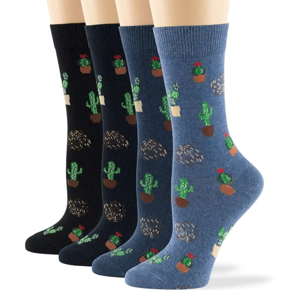 7BIGSTARS KINGDOM Women Cotton Fun Socks - 4 Pairs Large - Cactus, Desert - Seamless Sock Size:10-12, Shoe Size 8-12, Black, Light Navy, Denim Blue, Dark Navy