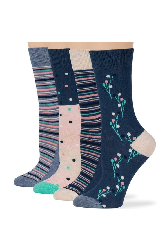 Women Cotton Novelty Calf Socks - 4 Pack Large - Dot - Stripe - Flower Patterned - Seamless Sock Size 10-12 Shoe Size 8-12 Light Navy, Blue, Pink
