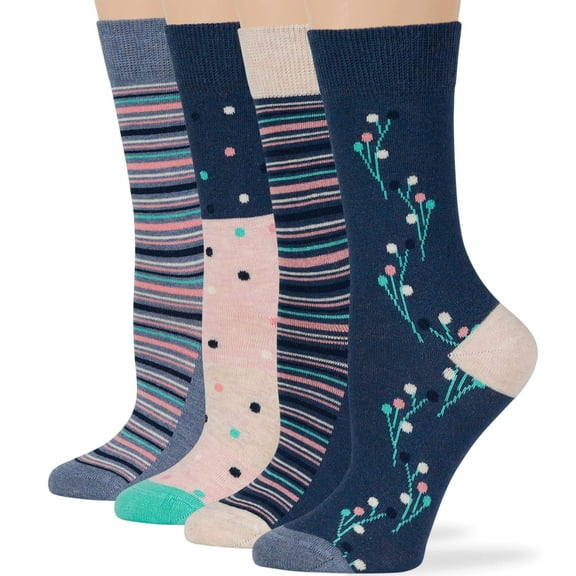 7BIGSTARS KINGDOM Women Cotton Novelty Calf Socks - 4 Pack Medium - Dot - Stripe - Flower Patterned - Seamless Sock Size: 9-11, Shoe Size: 5-9, Light Navy, Blue, Pink
