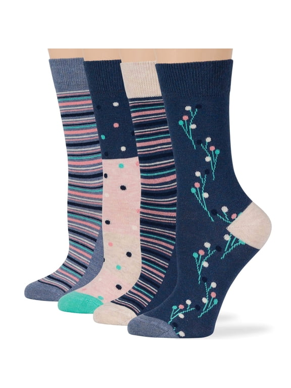 Women Cotton Novelty Calf Socks - 4 Pack Medium - Dot - Stripe - Flower Patterned - Seamless Sock Size: 9-11, Shoe Size: 5-9, Light Navy, Blue, Pink