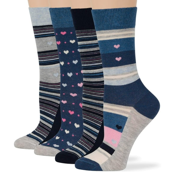 7BIGSTARS KINGDOM Women Cotton Novelty Socks - 4 Pack Medium - Heart Color Block Stripe - Sock Size: 9-11, Shoe Size: 5-9, Denim Blue, Light Navy, Grey, Pink