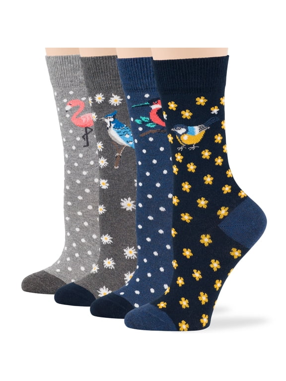 Women Dot Flower Socks - 4 Pack Large - Bluebird-Robin -Flamingo-Blue Jay- Sock Size: 10-12, Shoe Size:8-12, Grey, Dark Grey, Dark Navy, Light Navy