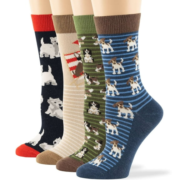 7BIGSTARS KINGDOM Women Fun Crew Cotton Novelty Socks - 4 Pairs Medium - Puppy - Sock Size: 9-11, Shoe Size: 5-9, Olive Green, Light Navy, Light Beige,Dark Navy