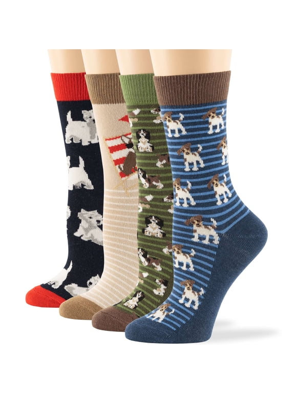 Women Fun Crew Cotton Novelty Socks - 4 Pairs Medium - Puppy - Sock Size: 9-11, Shoe Size: 5-9, Olive Green, Light Navy, Light Beige,Dark Navy