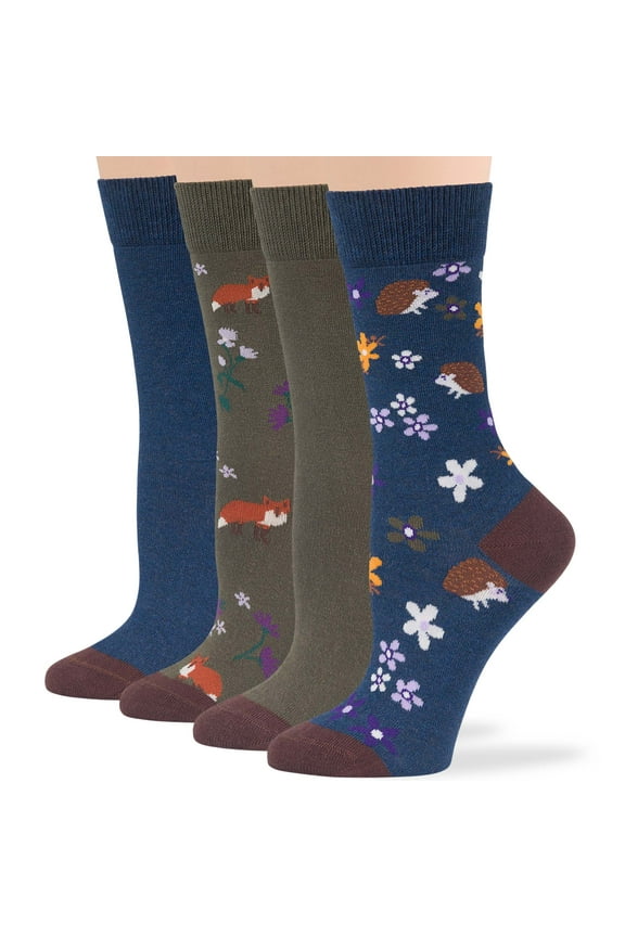 Women Fun Socks - 4 Pack Large - Fox, Hedgehog Crew Cotton Long - Seamless Sock Size:10-12, Shoe Size: 8-12, Olive Green, Light Navy