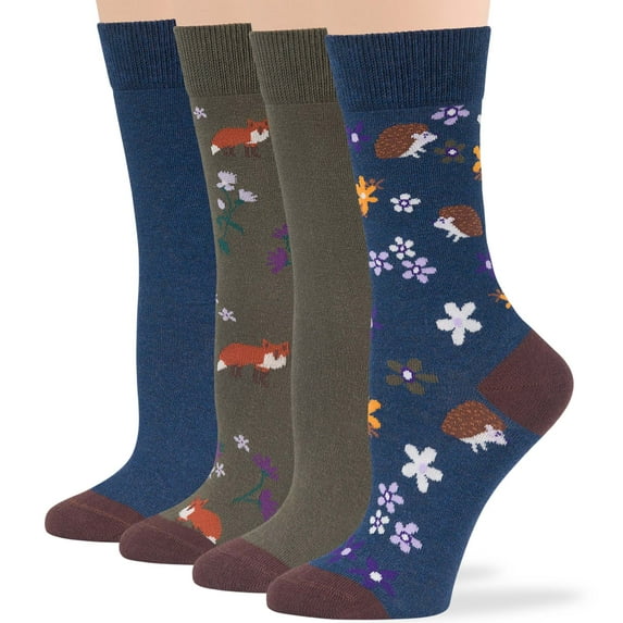 7BIGSTARS KINGDOM Women Fun Socks - 4 Pack Medium - Fox, Hedgehog Crew Cotton Long - Seamless Sock Size: 9-11, Shoe Size: 5-9, Olive Green, Light Navy