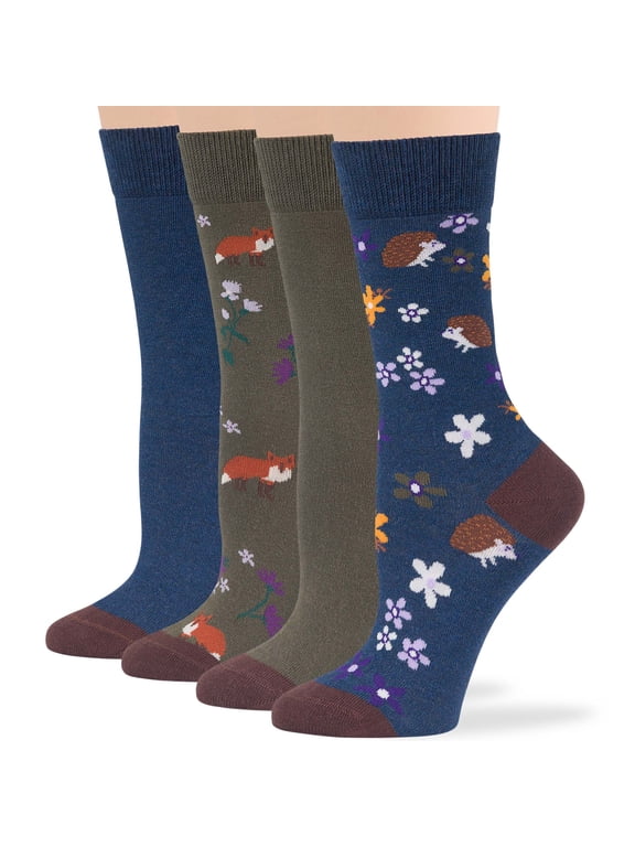 Women Fun Socks - 4 Pack Medium - Fox, Hedgehog Crew Cotton Long - Seamless Sock Size: 9-11, Shoe Size: 5-9, Olive Green, Light Navy