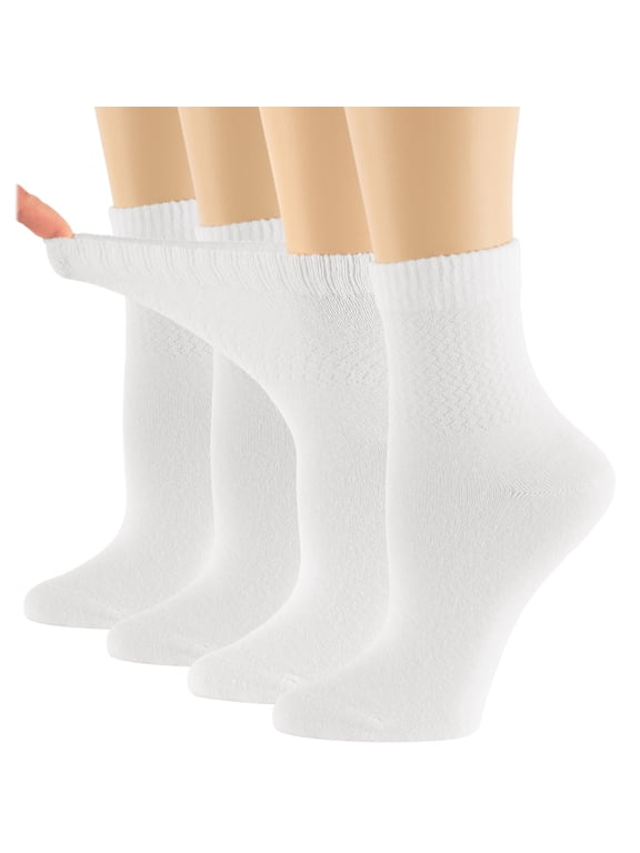 Women Seamless Bamboo Diabetic Ankle Socks, Non-Binding Loose Fit - 4 Pack Medium - Solid Casual Thin - Sock Size 9-11 Shoe Size 5-9 M White