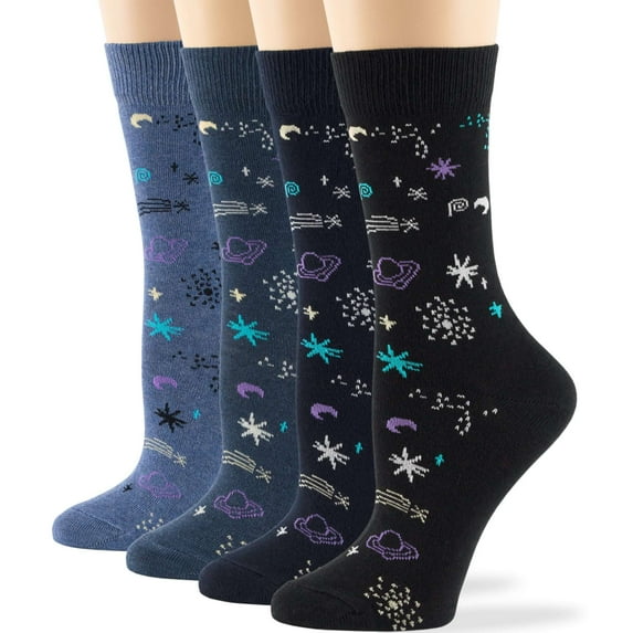 7BIGSTARS KINGDOM Women Space Socks - 4 Pack Large - Crew Gifts Cotton Long - Sock Size: 10-12, Shoe Size: 8-12, 2 pairs of Denim Blue, 1 pair of Light Navy, 1 pair of Black