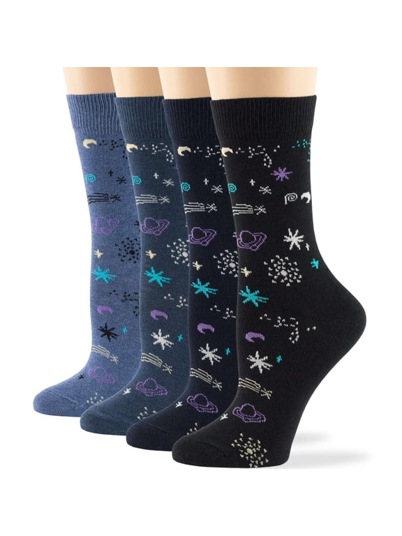 Women Space Socks - 4 Pack Medium - Crew Gifts Cotton Long - Seamless Sock Size: 9-11, Shoe Size: 5-9, 2 pairs of Denim Blue,1 pair of Light Navy,1 pair of Black