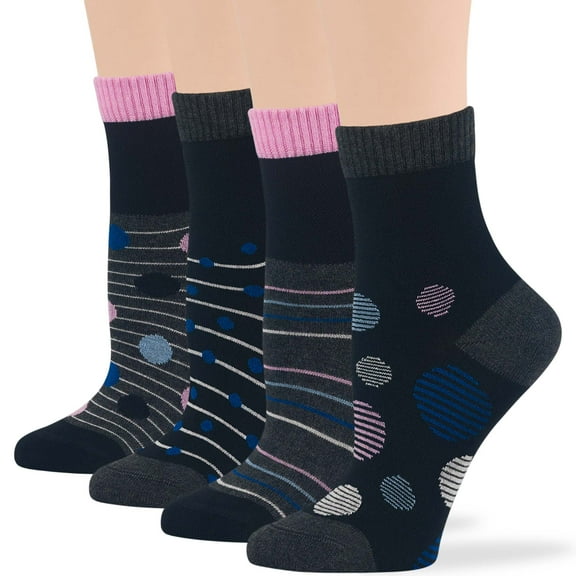 7BIGSTARS KINGDOM Women's Bamboo Diabetic Quarter Fashion Pattern Socks - 4 Pack Large -Non-Binding, Seamless- Polka Dot, Stripe - Sock Size 10-12 Shoe Size 8-12 L Dark Grey, Black, Blue