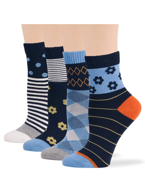Women's Bamboo Diabetic Quarter Fashion Socks - 4 Pack Large - Extra Wide - Dot, Argyle, Flower, Stripe- Sock Size 10-12 Shoe Size 8-12 L Denim Blue, Navy, Orange