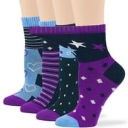 7BIGSTARS KINGDOM Women's Bamboo Diabetic Quarter Fashion Socks - 4 Pack Large- Extra Wide, Seamless - Star, Heart, Dot, Stripe - Sock Size 10-12 Shoe Size 8-12 L Purple, Dark Navy, Denim Blue