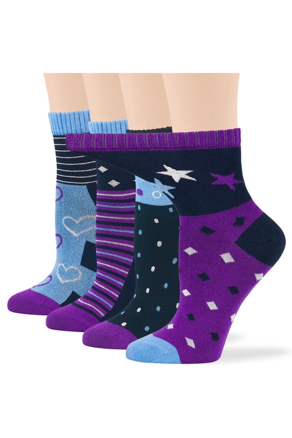 Women's Bamboo Diabetic Quarter Fashion Socks - 4 Pack Large- Extra Wide, Seamless - Star, Heart, Dot, Stripe - Sock Size 10-12 Shoe Size 8-12 L Purple, Dark Navy, Denim Blue