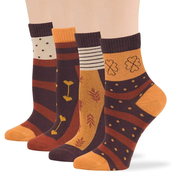 7BIGSTARS KINGDOM Women's Bamboo Diabetic Quarter Novelty Socks - 4 Pack Large- Loose - Seamless- Dot, Stripe, Heart, Leaf,Fall - Sock Size 10-12 Shoe Size 8-12 L Brown, Camel, Beige, Orange