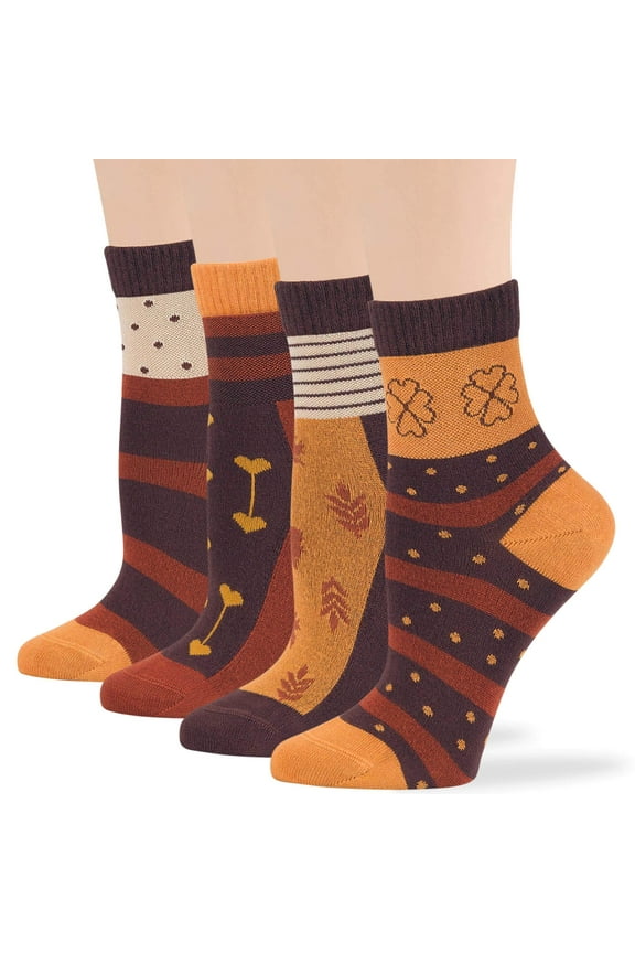 Women's Bamboo Diabetic Quarter Novelty Socks - 4 Pack Large- Loose - Seamless- Dot, Stripe, Heart, Leaf,Fall - Sock Size 10-12 Shoe Size 8-12 L Brown, Camel, Beige, Orange