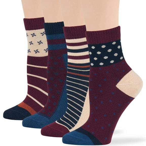 7BIGSTARS KINGDOM Women's Bamboo Diabetic Quarter Patterned Socks - 4 Pack Large -Non-Binding, Seamless - Polka Dot, Heart, Stripe - Sock Size 10-12 Shoe Size 8-12 L Burgundy, Navy Blue, Ecru
