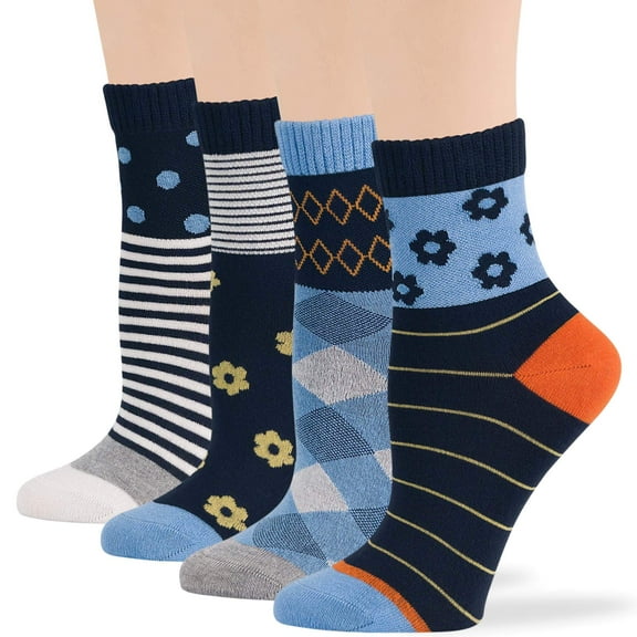 7BIGSTARS KINGDOM Women's Bamboo Diabetic Quarter Patterned Socks - 4 Pack Medium-Extra Wide Dot, Argyle, Flower, Stripe - Sock Size 9-11 Shoe Size 5-9 M Denim Blue, Navy, Orange
