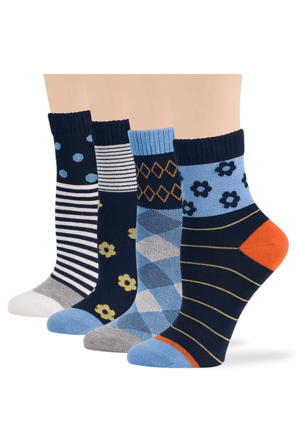 Women's Bamboo Diabetic Quarter Patterned Socks - 4 Pack Medium-Extra Wide Dot, Argyle, Flower, Stripe - Sock Size 9-11 Shoe Size 5-9 M Denim Blue, Navy, Orange