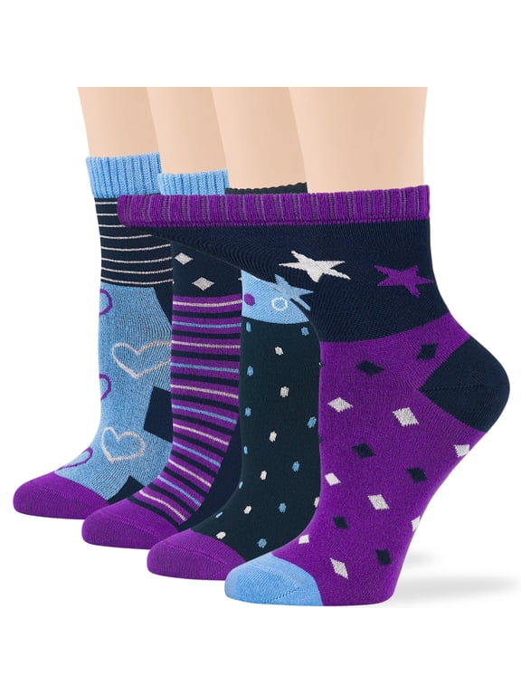 Women's Bamboo Diabetic Quarter Patterned Socks - 4 Pack Medium-Extra Wide Star, Heart, Dot, Stripe - Sock Size 9-11 Shoe Size 5-9 M Purple, Dark Navy, Denim Blue