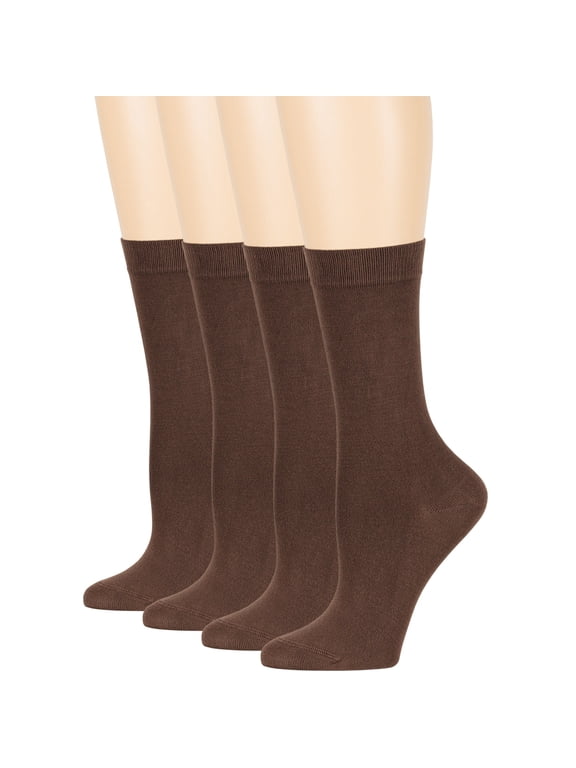 Women's Bamboo Dress Socks - 4 Pack Large - Casual Crew Calf - Sock Size 10-12 Shoe Size 8-12 L Brown
