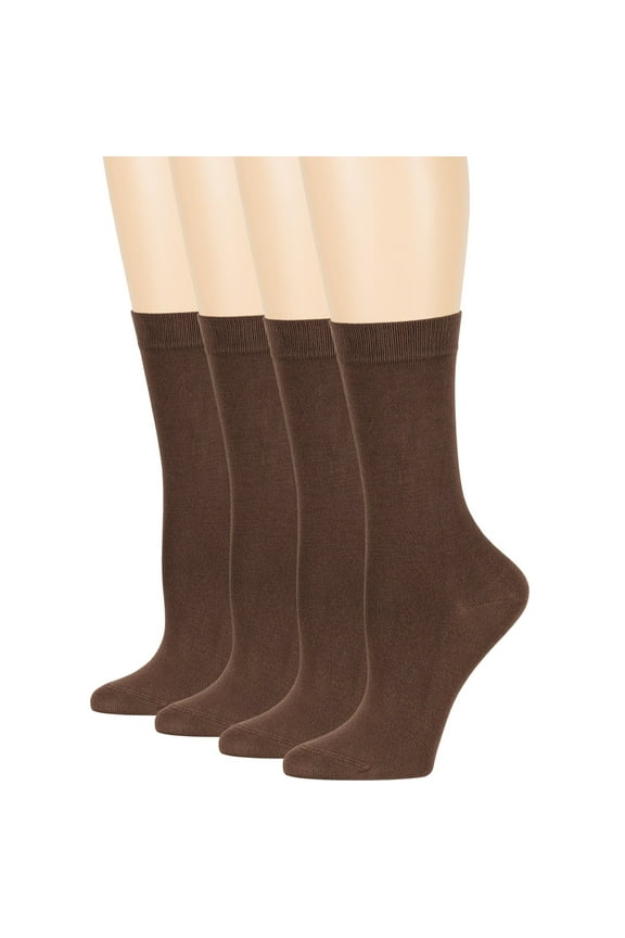 Women's Bamboo Dress Socks - 4 Pack Large - Casual Crew Calf - Sock Size 10-12 Shoe Size 8-12 L Brown