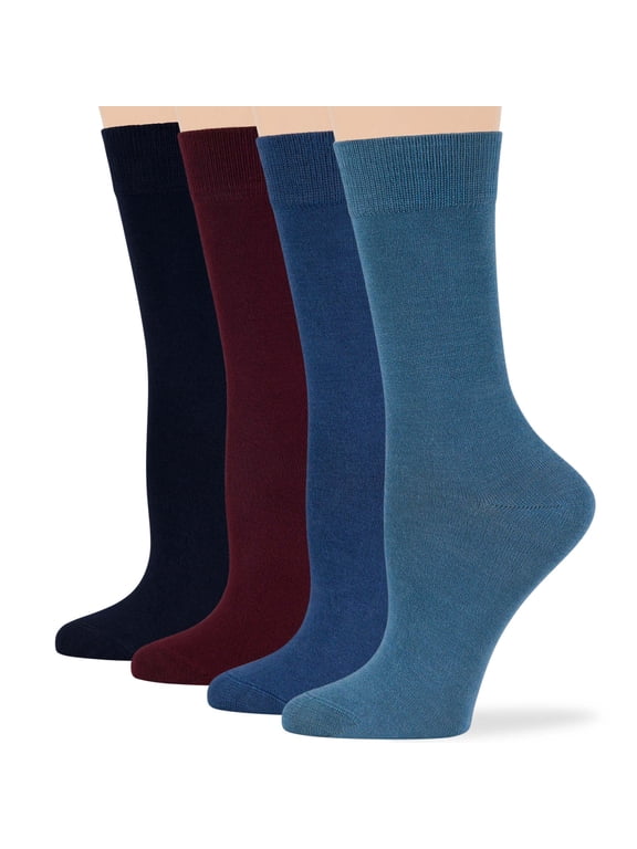 Women's Bamboo Dress Socks - 4 Pack Large - Casual Crew, Dark Navy, Burgundy, Light Navy, Denim Blue, Sock Size 10-12 Shoe Size 8-12 L