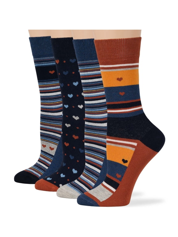 Women's Cotton Crew Fashion Socks - 4 Pack Large - Heart Color Block Stripe - Sock Size 10-12 Shoe Size 8-12, Dark Navy, Blue, Brown