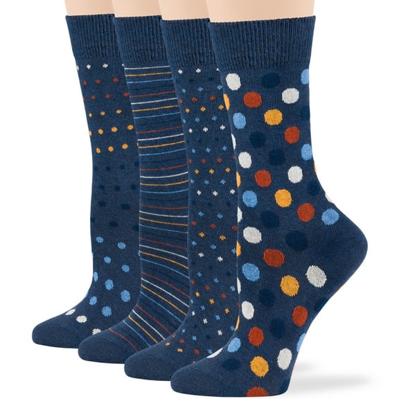 7BIGSTARS KINGDOM Women's Cotton Crew Fashion Socks - 4 Pack Medium - Striped-Dotted -Polka Dot - Casual-Dress-Sock Size: 9-11, Shoe Size: 5-9, Light Navy