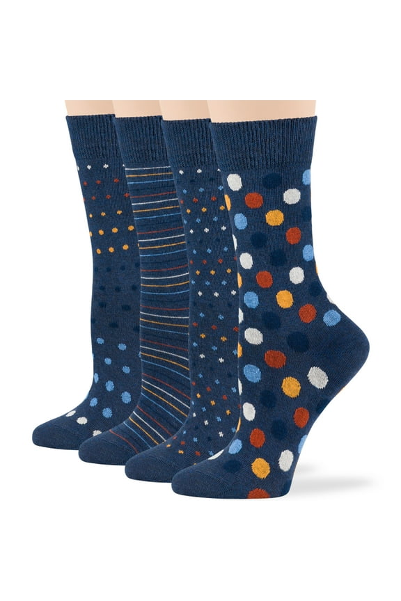 Women's Cotton Crew Fashion Socks - 4 Pack Medium - Striped-Dotted -Polka Dot - Casual-Dress-Sock Size: 9-11, Shoe Size: 5-9, Light Navy