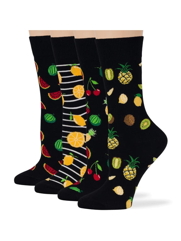Women's Cotton Crew Fun Socks - 4 Pack Medium - Fruit Design - Seamless Sock Size: 9-11, Shoe Size: 5-9, Black, Yellow, Green, Red