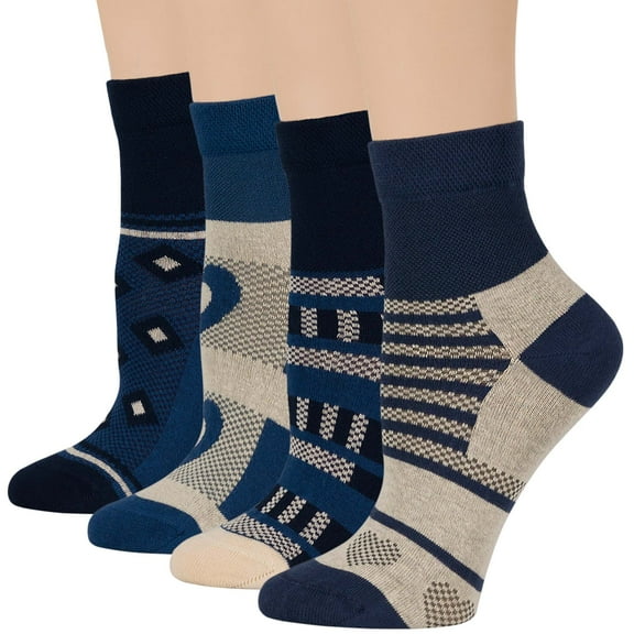 7BIGSTARS KINGDOM Women's Cotton Diabetic Patterned Extra Wide Quarter Socks - 4 Pack Large - Seamless Heart - Sock Size 10-12 Shoe Size 8-12 L Dark Navy, Light Navy, Denim Blue, Ecru